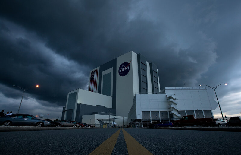 NASA building under stormy sky