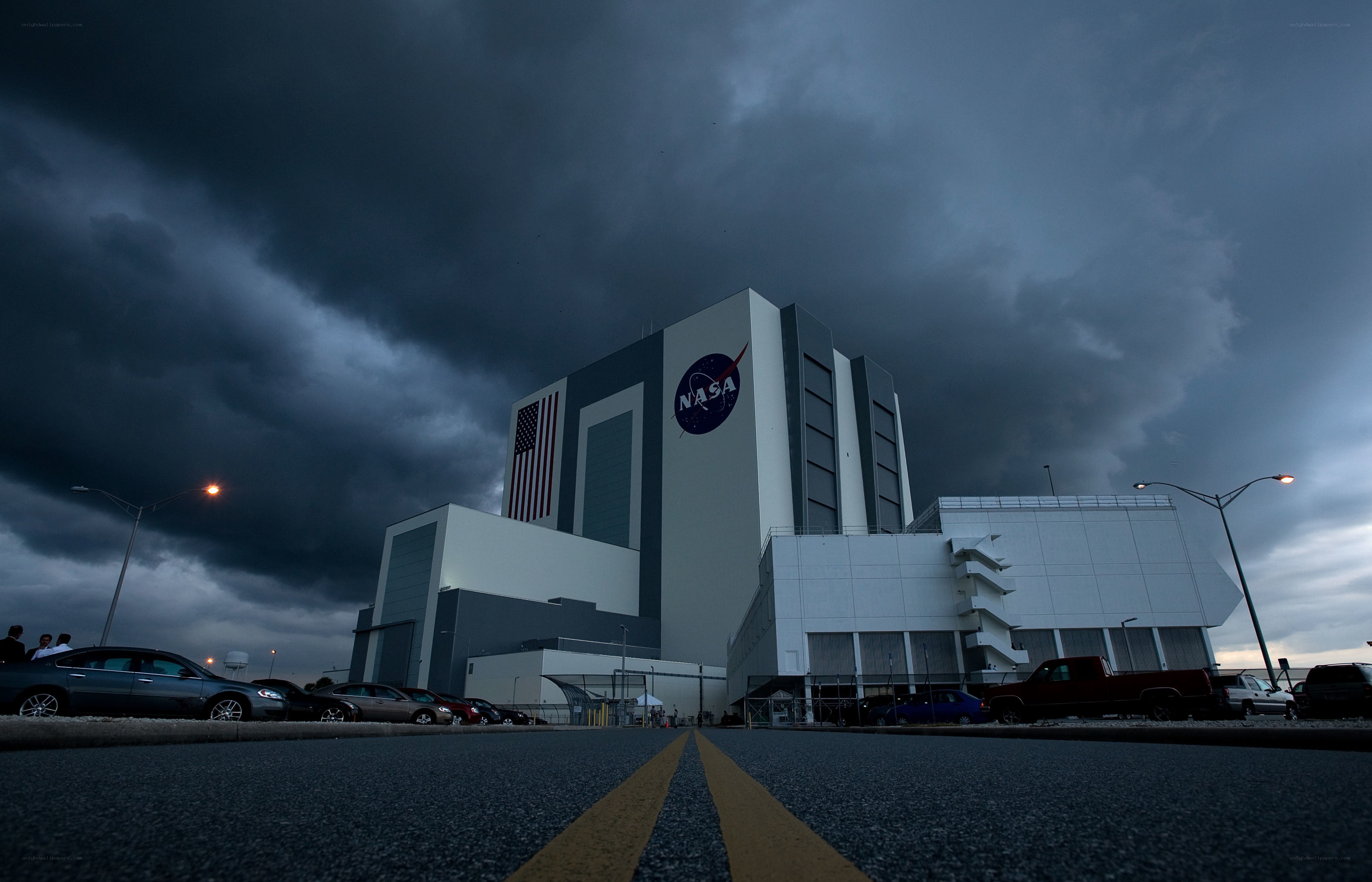 NASA building under stormy sky