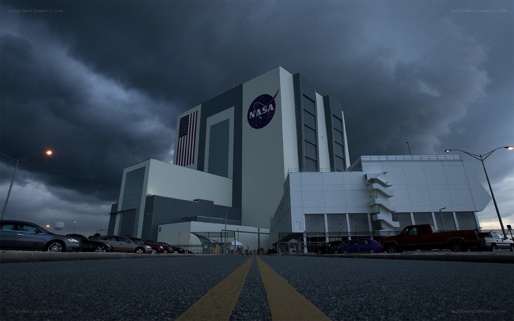 NASA building under stormy sky