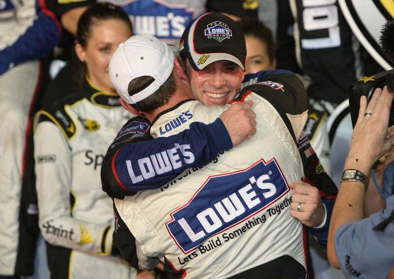 NASCAR drivers embrace after race