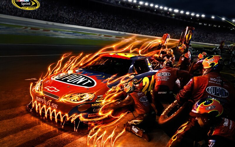 NASCAR pit stop with flames
