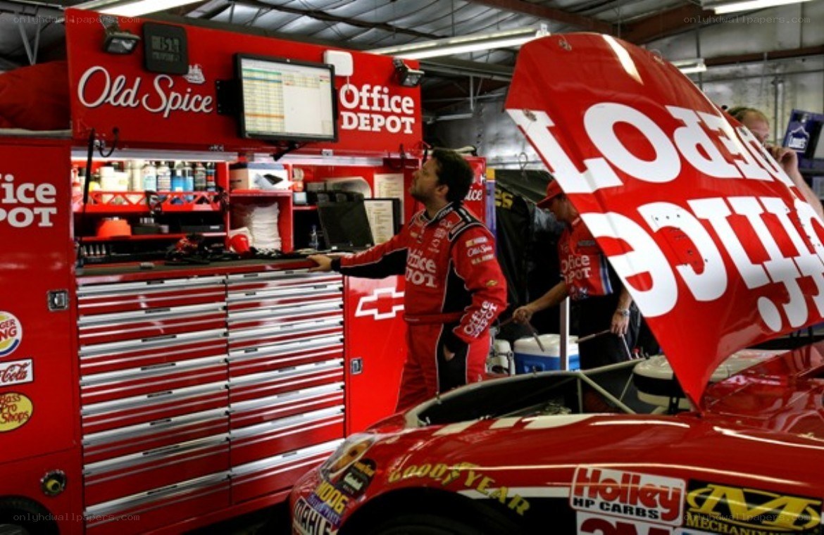 NASCAR team in garage