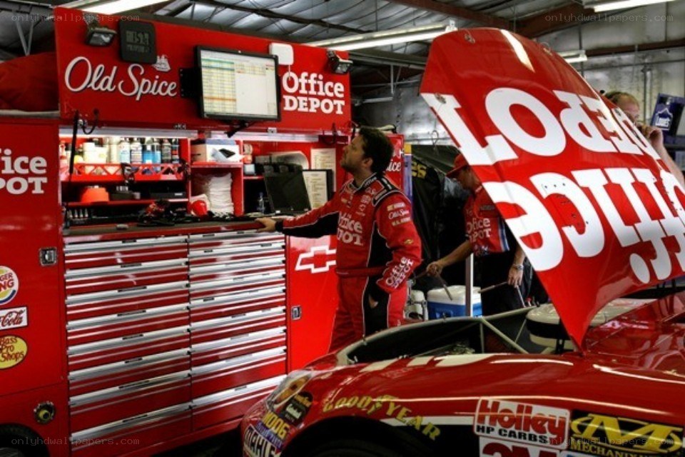 NASCAR team in garage
