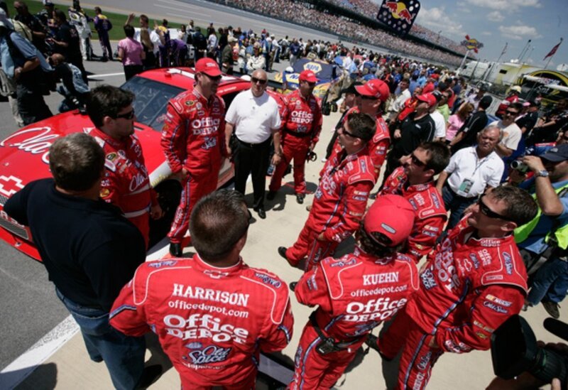 NASCAR team meeting at race track