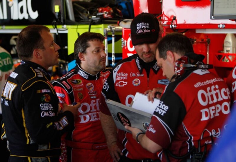 NASCAR team meeting in garage