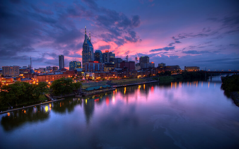 Nashville Skyline at Dusk — Purple, Dramatic, Sunset, Photograph