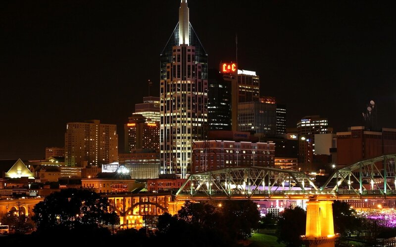 Nashville Skyline at Night — Black, Dramatic, Photograph, Skyscraper, Bridge