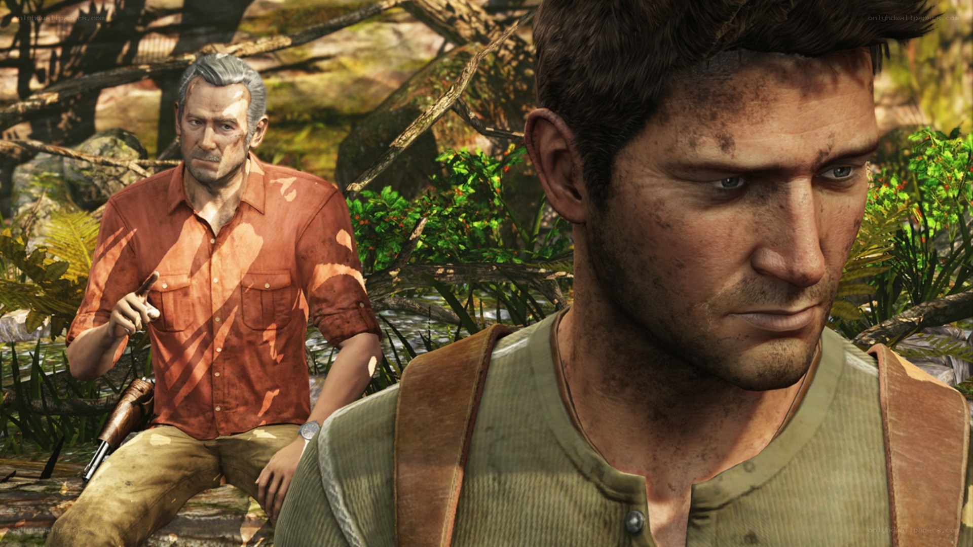 Nathan Drake and Sully in jungle