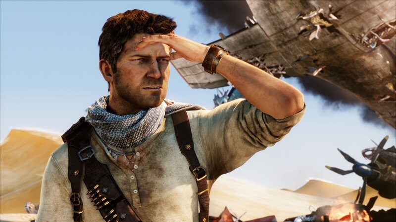 Nathan Drake in desert wreckage