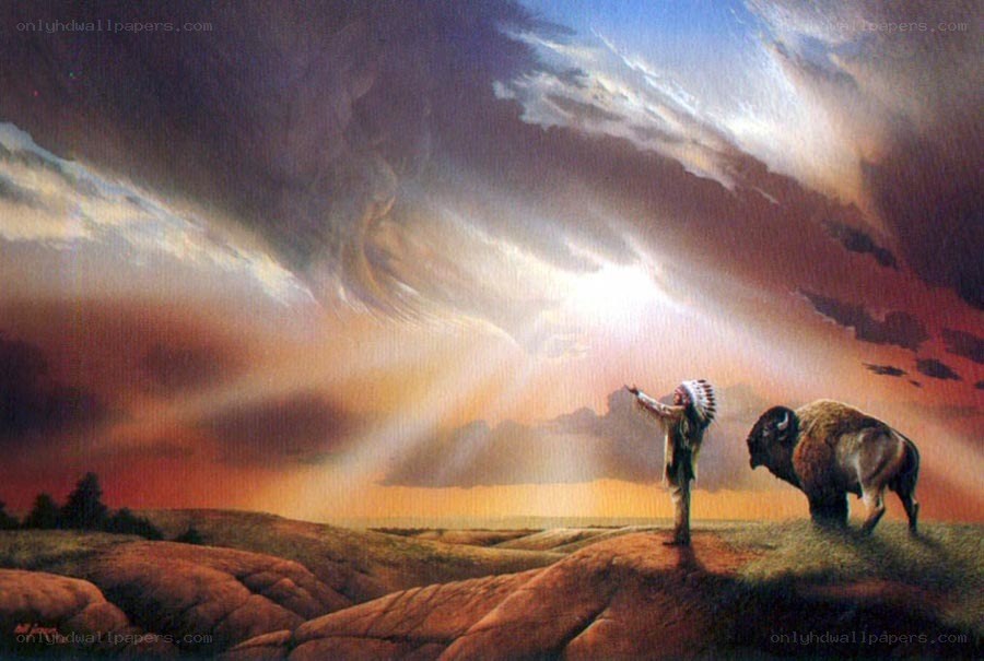 Native American and bison under stormy sky