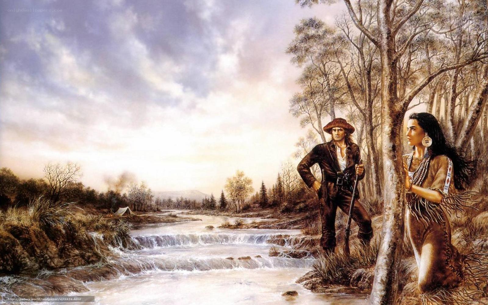 Native American and settler by river