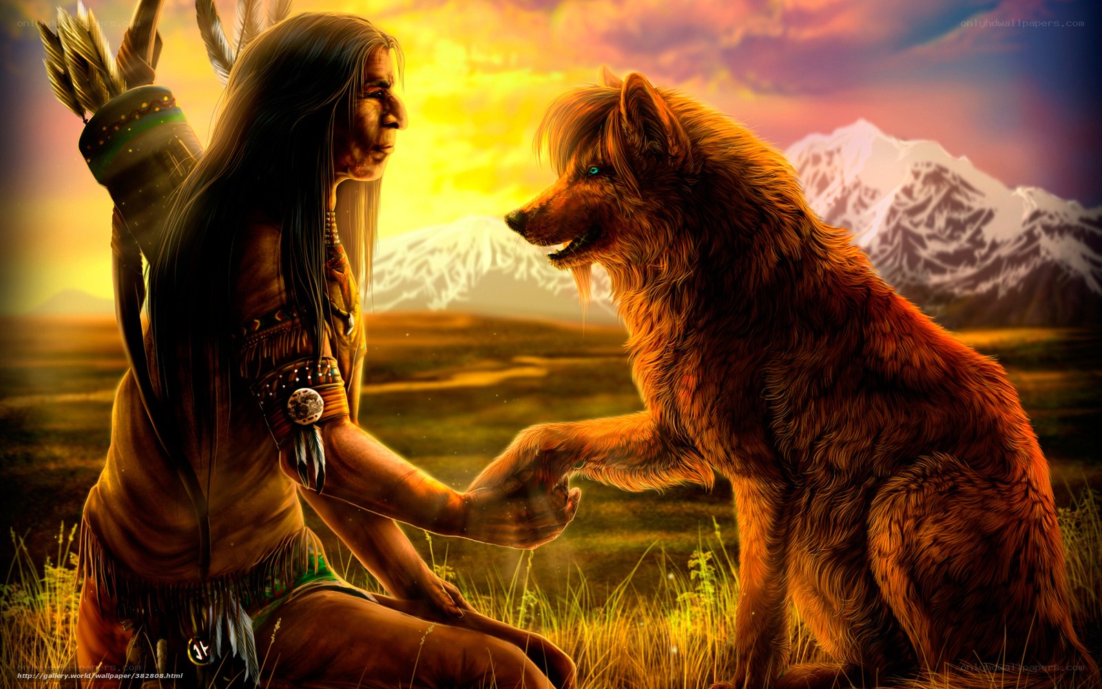 Native American and wolf handshake