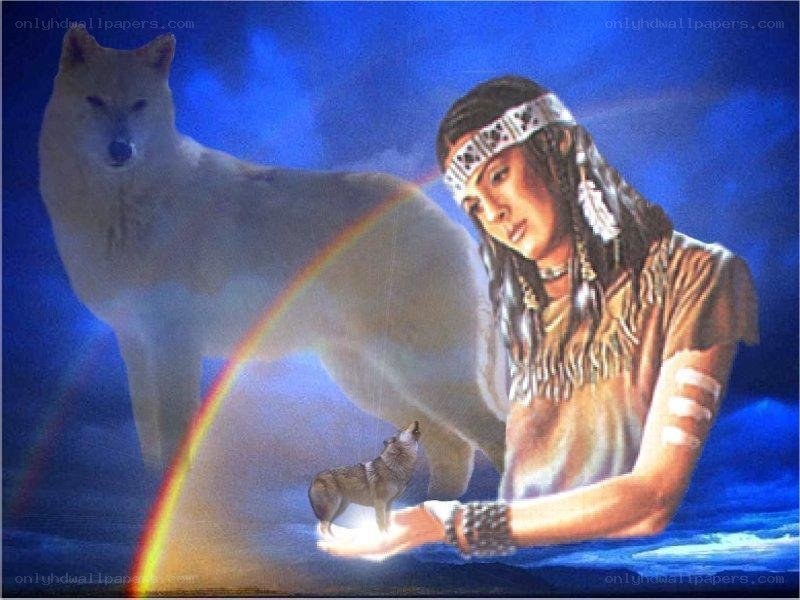 Native American and wolf with rainbow