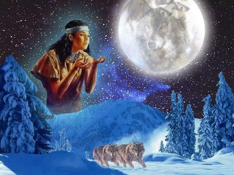 Native American and wolves under moon