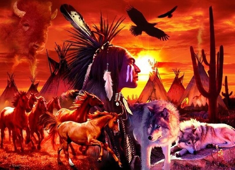 Native American chief at sunset