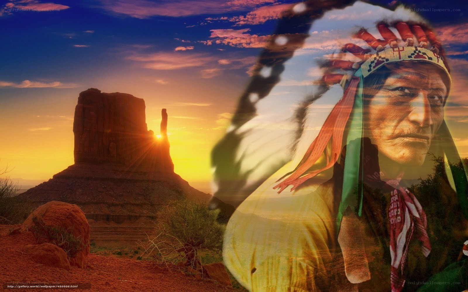 Native American chief at sunset