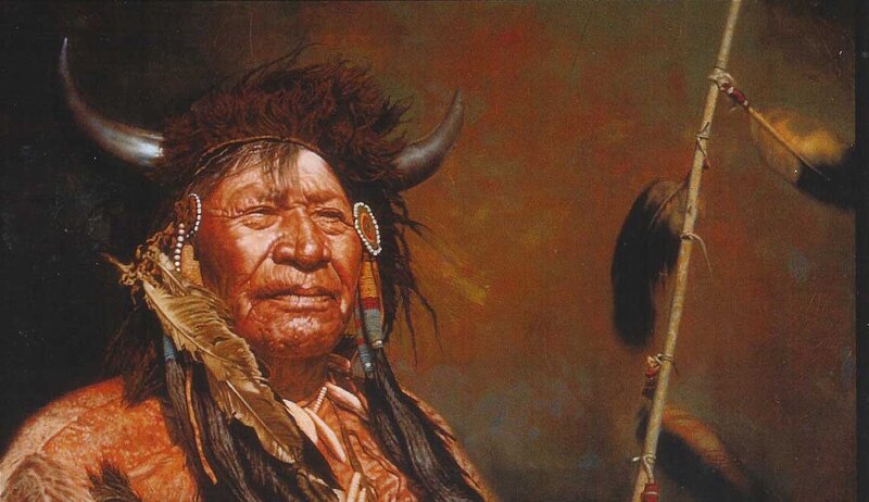 Native American Chief — Brown, Dramatic, Painting, Feather Headdress, Horned Headpiece