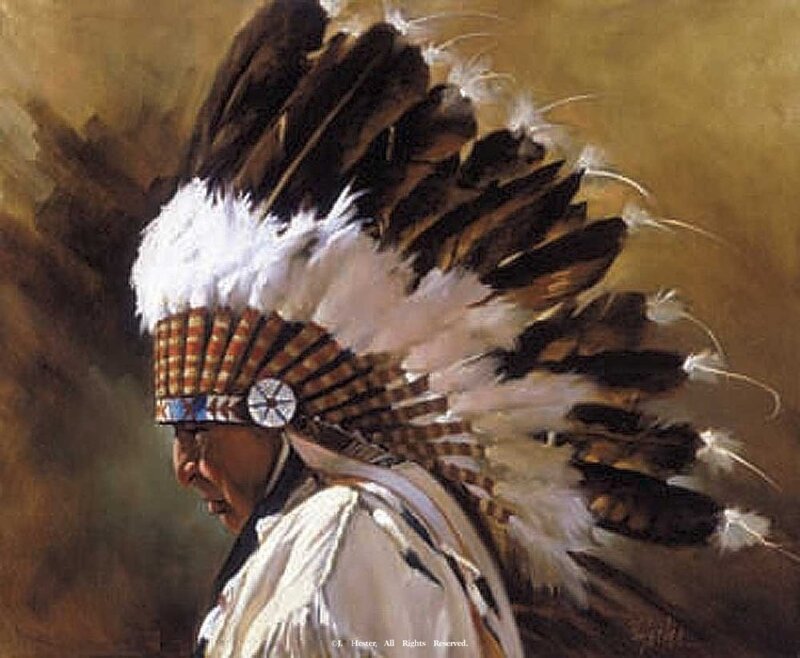 Native American Chief — Brown, Dramatic, Painting, Feather Headdress, White Shirt