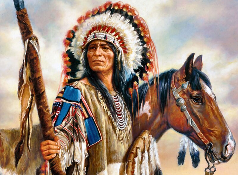 Native American Chief — Brown, Dramatic, Painting, Horse