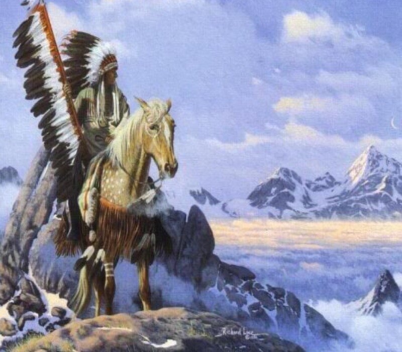 Native American Chief on Horse — Blue, Serene