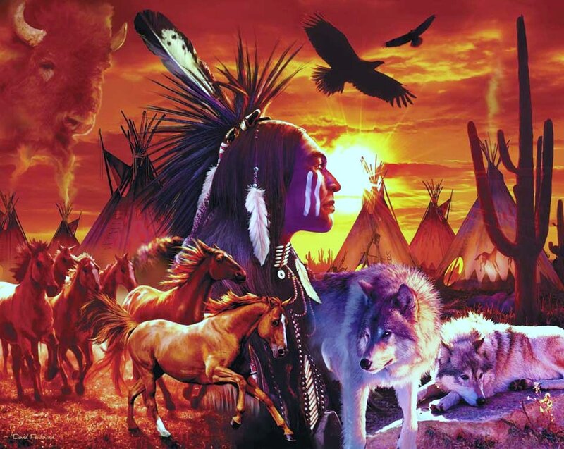 Native American Chief — Red, Dramatic, Sunset