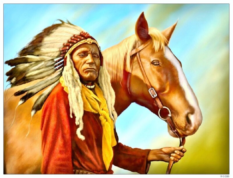 Native American Chief with Horse — Red