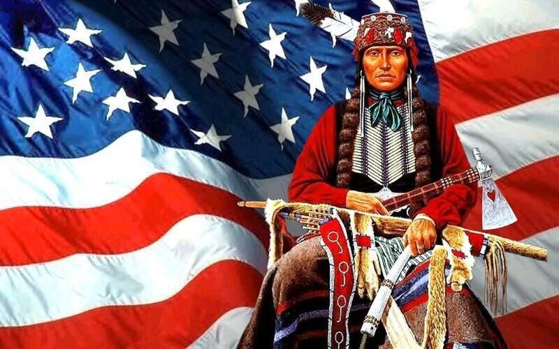 Native American chief with US flag