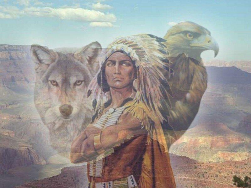 Native American chief with wolf and eagle