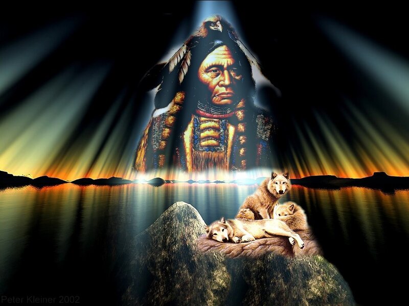 Native American Chief with Wolves — Black