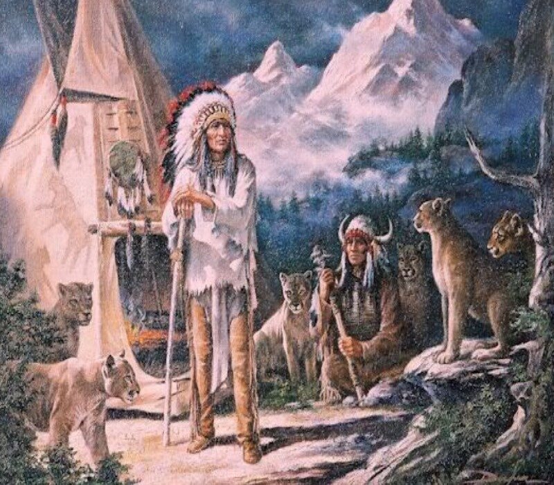 Native American chiefs with mountain lions