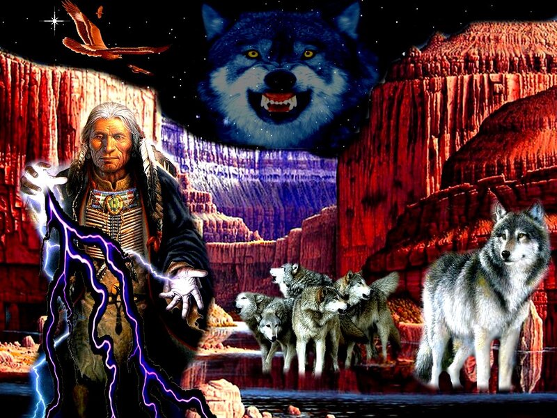 Native American Elder with Wolves