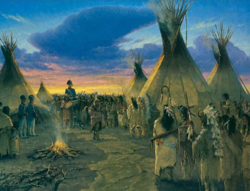 Native American encampment at dusk