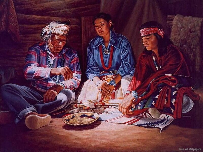 Native American family in a lodge
