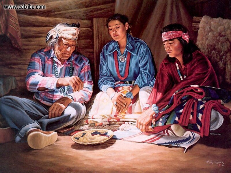 Native American family in a lodge