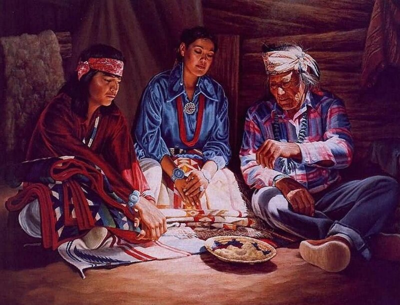 Native American family in a lodge