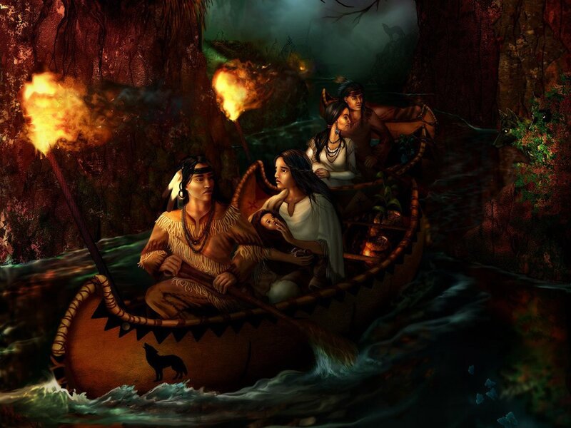 Native American family in canoe