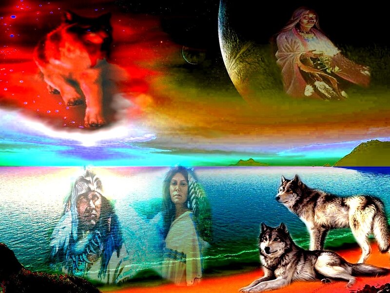 Native American Figures with Wolves — Red