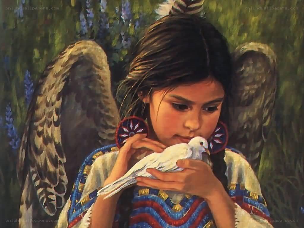 Native American girl with dove