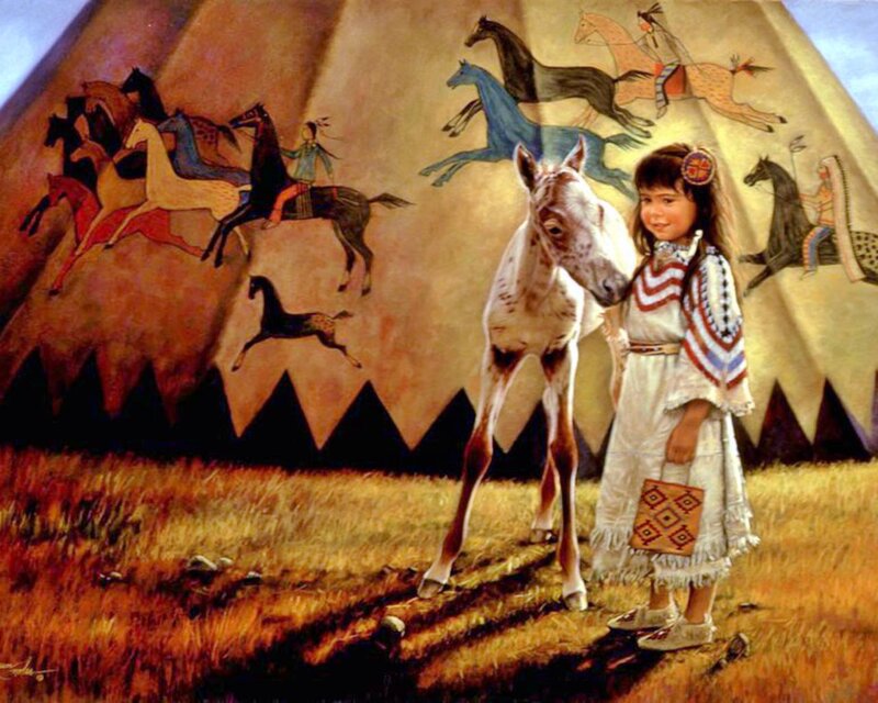 Native American Girl with Horse