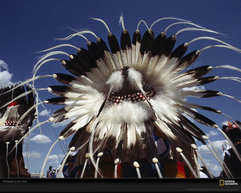 Native American headdress under blue sky