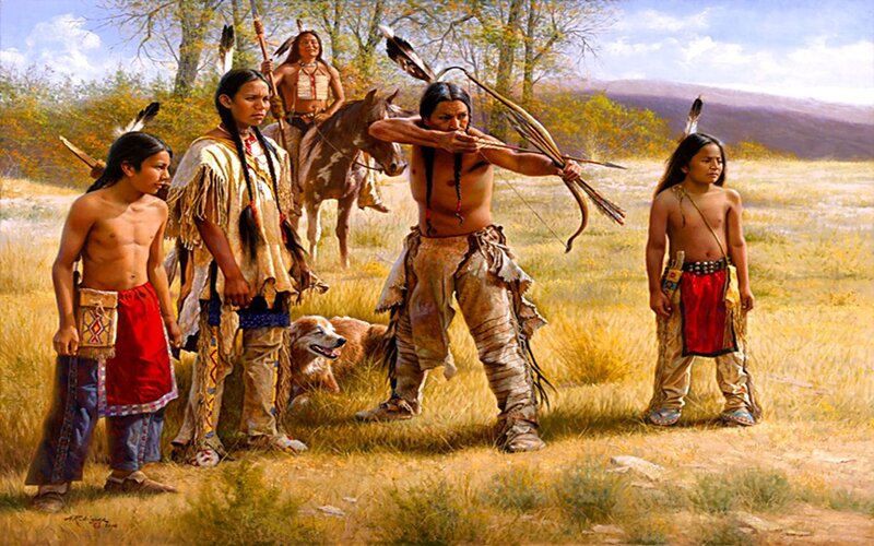 Native American hunters in field