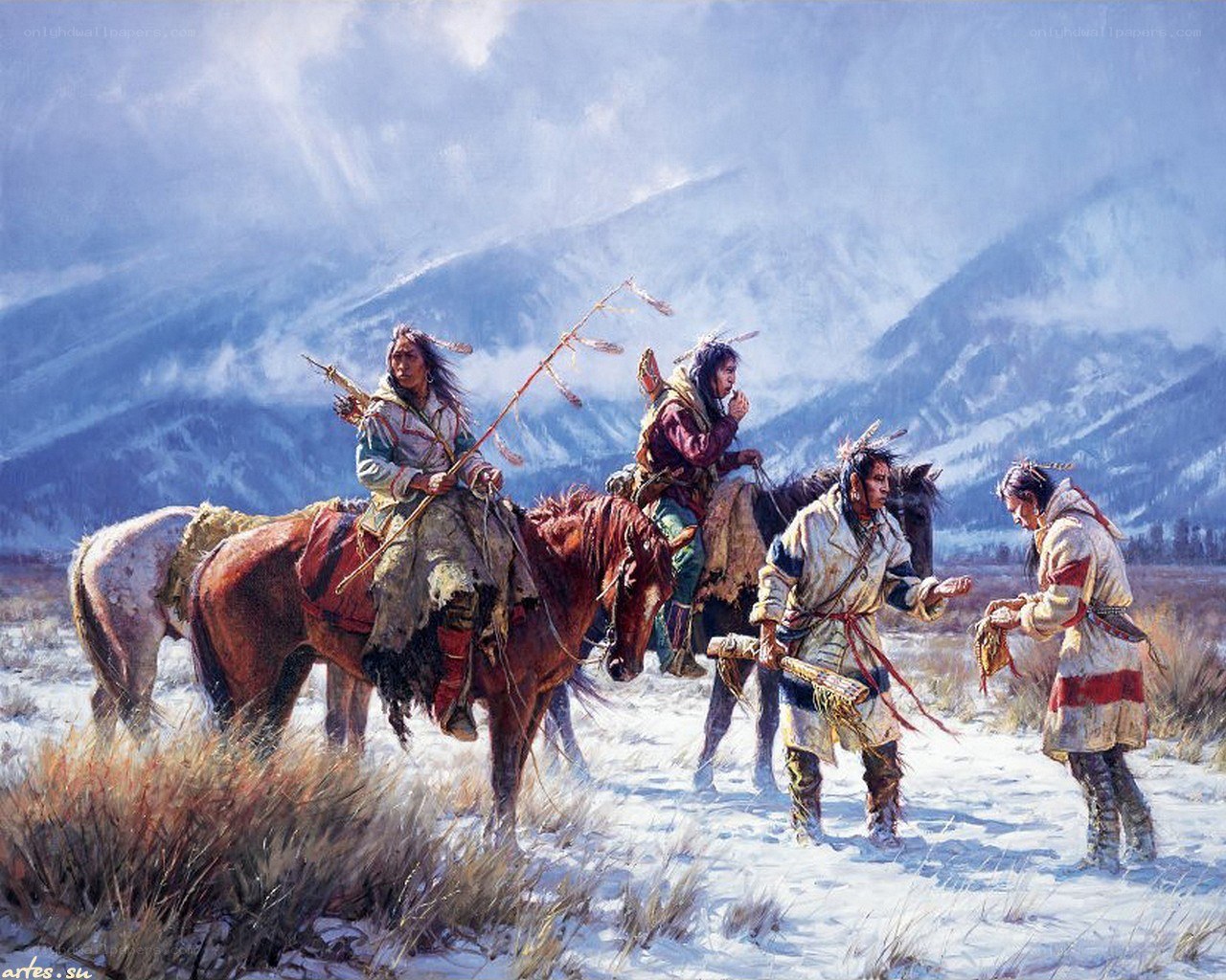 Native American hunters in winter