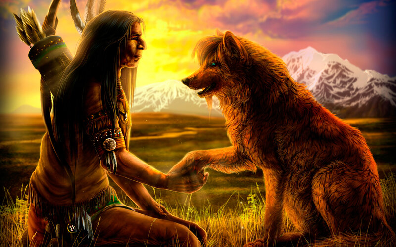 Native American Man and Wolf — Golden, Dramatic