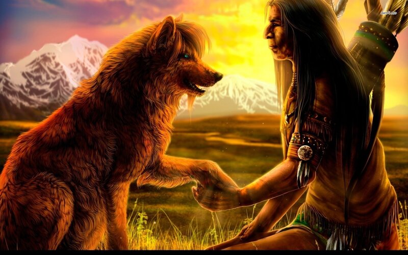 Native American Man and Wolf — Yellow