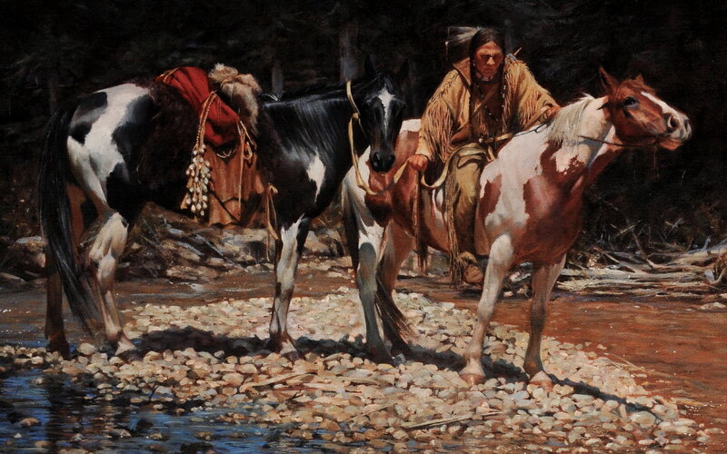 Native American Man on Horse — Brown, Dramatic