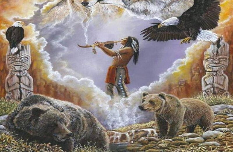 Native American Man Playing Flute — Brown