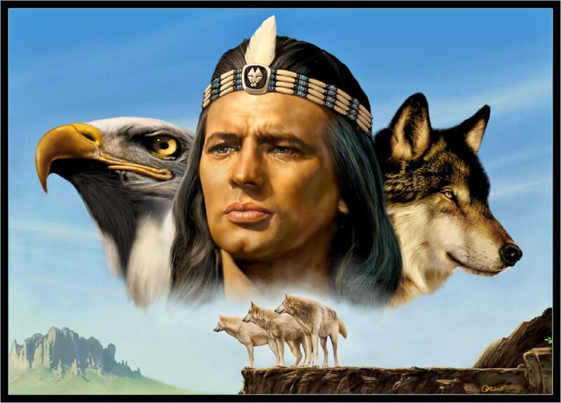 Native American Man with Animals — Blue