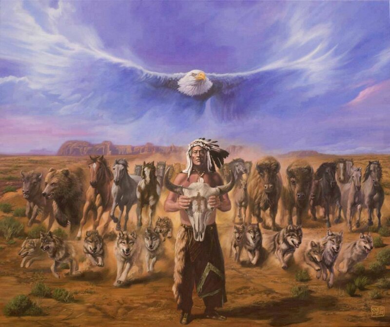 Native American Man with Animals — Purple