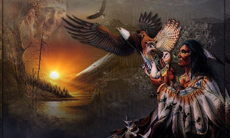 Native American Man with Birds — Brown, Dramatic