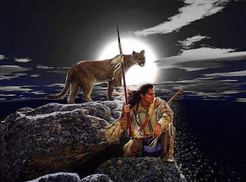 Native American Man with Cougar — Black, Dramatic